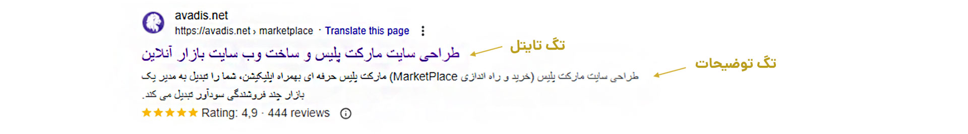 نمونه نمایش متاتگ تایتل و متاتگ توضیحات صفحه در نتایج گوگل