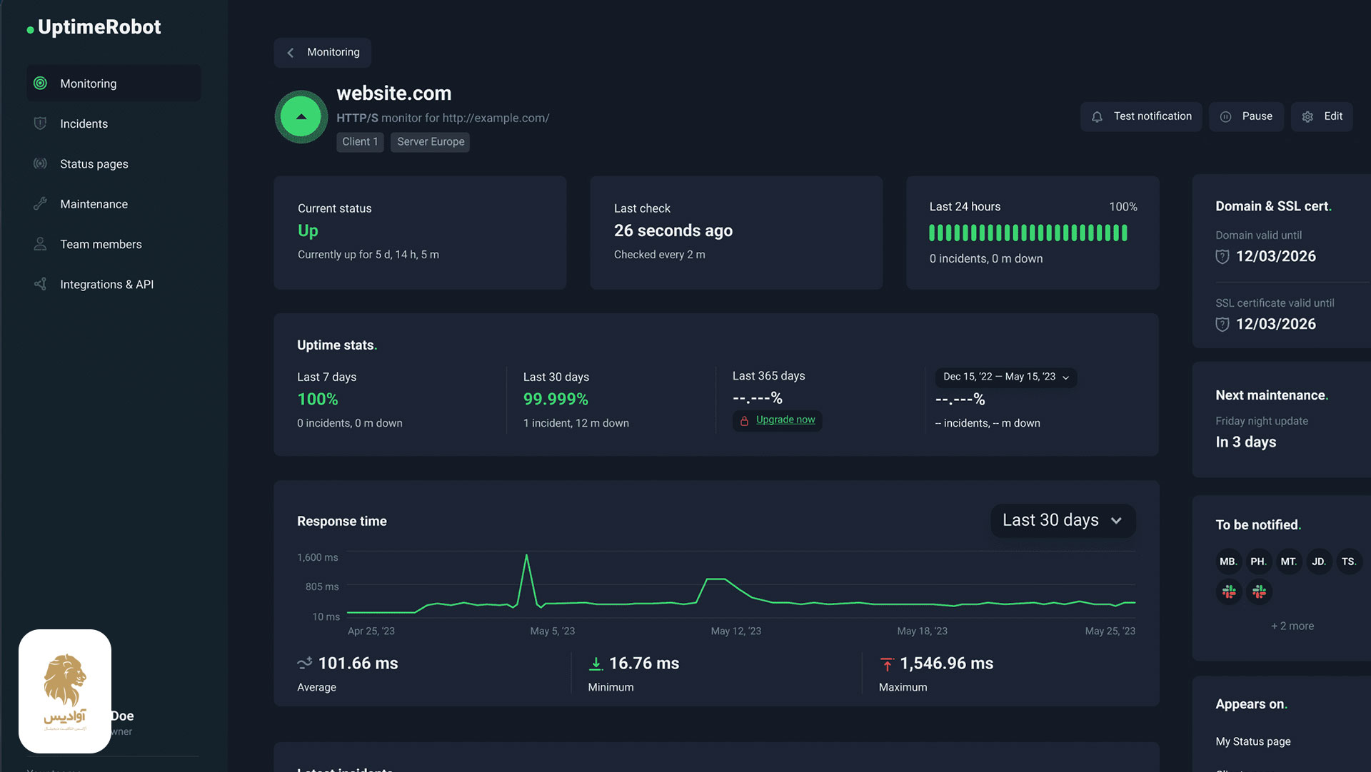 وب سایت uptimerobot جهت بررسی آپ یا داون بودن سرویس